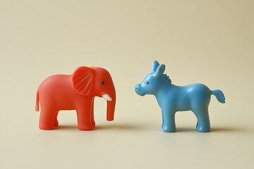 Miniature red elephant and blue donkey figures on a neutral background, us political polarization.