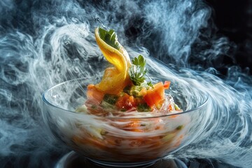 Canvas Print - A Glass Bowl Filled with Colorful Food and Surrounded by Steam