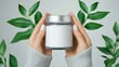 © Marketplace - Woman holding a blank product jar bright clean setting product photography minimalist design close-up beauty concept