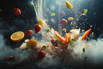 Canvas Print - A Burst of Freshness: Fruits, Vegetables, and Spices Suspended in Mid-Air