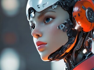 Close-up portrait of a female cyborg with a white and orange helmet looking to the side with a serious expression.