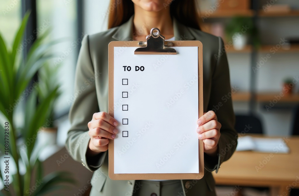 A business professional stands in an office holding a to-do list with ...