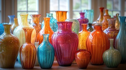 Artfully designed colorful glass vases arranged elegantly highlighting their vibrant hues and artistic details in a warm lighting setup