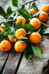 Wall Mural - Oranges and leaves on weathered wood.