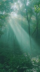 Wall Mural - sunbeams pierce through the fog in a dense, green forest.