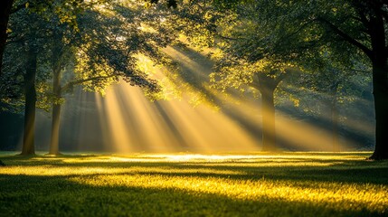 Wall Mural - sunbeams shining through the trees in a forest, illuminating the green grass on a sunny day.