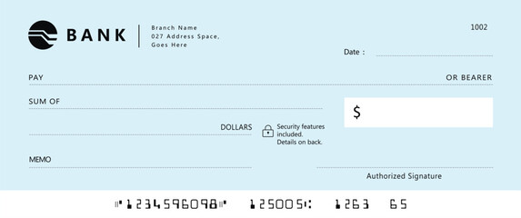 Wall Mural - blue bank check, vector blank money cheque, checkbook template with guilloche pattern and fields. cu