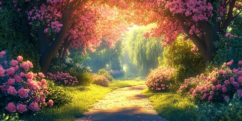 Wall Mural - sunbeams through a path lined with blooming pink flowers and lush green trees in a beautiful forest.