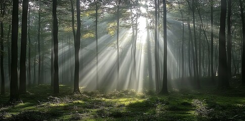 Wall Mural - sunbeams shining through the trees in a misty forest.