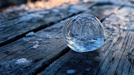 Wall Mural - a glass object partially covered in ice drifts across a wooden surface
