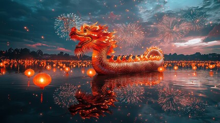 Wall Mural - A breathtaking view of a dragon-shaped lantern floating over a serene lake with fireworks reflecting in the water The image captures the intricate details of the lantern and vibrant colors in 