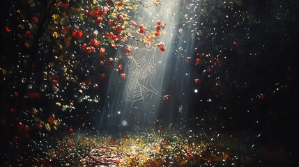 Wall Mural - sunlight beams through a forest, illuminating a spiderweb and fallen leaves.