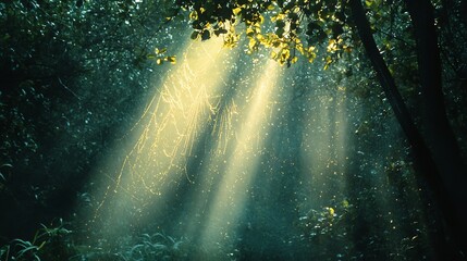 Wall Mural - sunlight beams through the leaves of a dense forest, creating a magical and ethereal atmosphere.