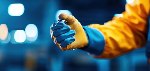 Poster - Turbocharger installation concept. A worker's hand, gloved in blue and orange, holds a small metallic object against a blurred industrial background.