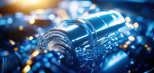 Fototapete - Turbocharger installation concept. A close-up view of a futuristic, metallic component surrounded by sleek machinery, showcasing intricate design and advanced technology.