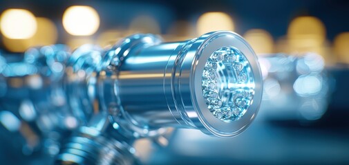 Poster - Turbocharger installation concept. A close-up of a futuristic, metallic component featuring intricate details and glowing elements, suggesting advanced technology and precision engineering.