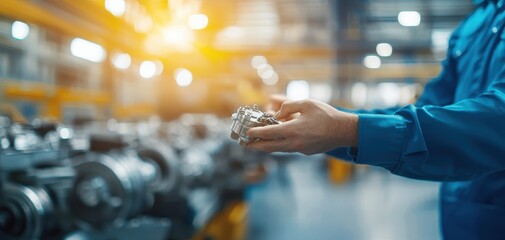 Aufkleber - Turbocharger installation concept. A worker examines a metal part in a manufacturing facility, showcasing precision and the importance of quality control in industrial processes.
