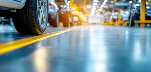 Poster - Turbocharger installation concept. A close-up view of a car's tire in a well-lit automotive factory, showcasing a polished floor and blurred vehicles in the background.