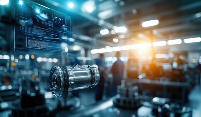 Aufkleber - Turbocharger installation concept. A high-tech manufacturing facility showcasing intricate machinery and robotic components, emphasizing innovation and advanced technology.