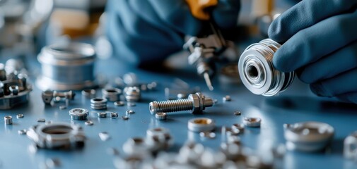 Poster - Turbocharger installation concept. A close-up of hands assembling mechanical components, featuring a variety of metallic parts scattered across a workbench.