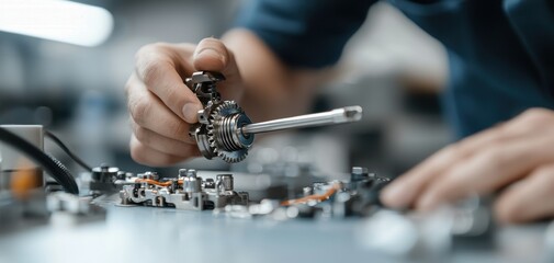 Poster - Turbocharger installation concept. A focused technician works meticulously on mechanical components, using a screwdriver to assemble or repair intricate machinery.