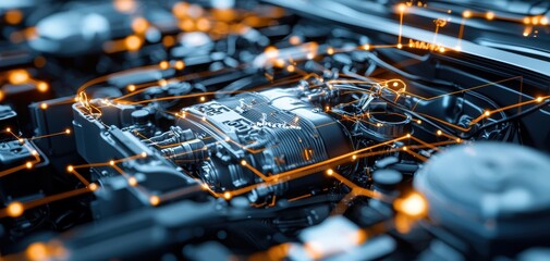Aufkleber - Turbocharger installation concept. A detailed view of a car engine, showcasing intricate components and illuminated circuit patterns, emphasizing technology and engineering.