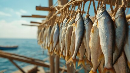 Close-up of fish drying on ropes strung along the coast, with the ocean horizon in the distance