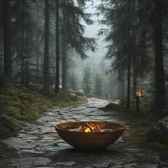 Poster - A campfire in a foggy forest path.