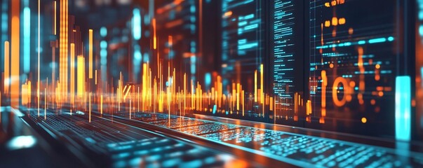 Poster - Programming code creating glowing lines and bar graphs in futuristic server room