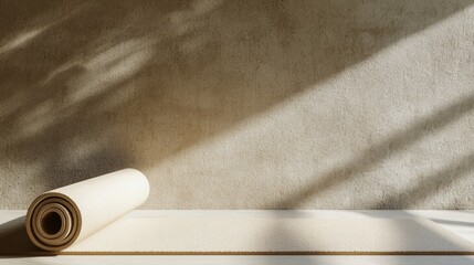 Fototapete - Rolled yoga mat placed on floor with sunlight creating shadows on wall, suggesting a serene and inviting space for practicing yoga and mindfulness
