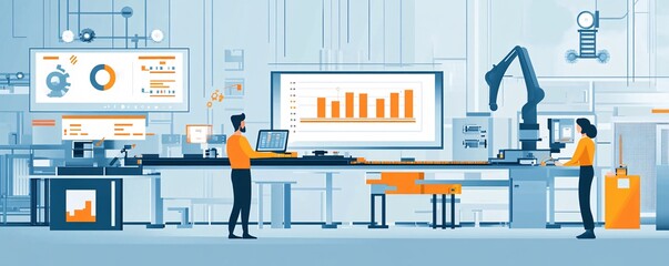 Leinwandbilder - Engineers analyzing production data and monitoring automated assembly line with robotic arm