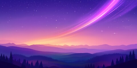 Wall Mural - Surreal Mountain Landscape with Vibrant Purple and Pink Sky at Dusk, Stars Twinkling Above Majestic Peaks and Lush Green Forests Below in a Dreamlike Atmosphere