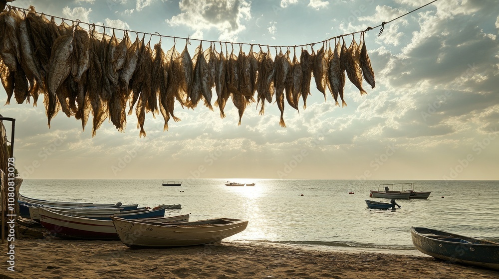 Hanging Fish Rope Dried fish hanging from ropes on a beach under a bright sky, with small ...