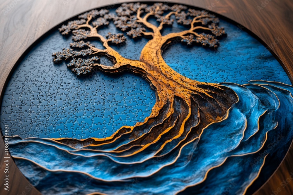 Complex jigsaw puzzle forming a famous painting, with each piece adding ...