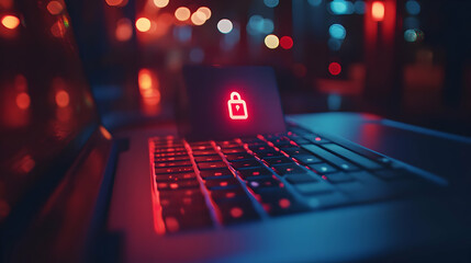 Wall Mural - Red and Blue Glowing Laptop with Lock Icon - Realistic Image