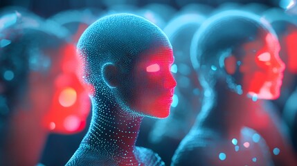 Aufkleber - Crowd of digital heads observing showing red and blue lights artificial intelligence concept