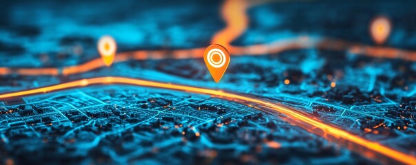 Leinwandbilder - Glowing orange gps markers showing locations on futuristic city map