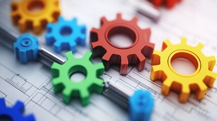 Poster - Colorful gears connecting on engineering blueprint representing teamwork and collaboration