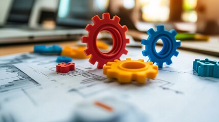 Poster - Colorful gears representing business processes and teamwork on financial reports