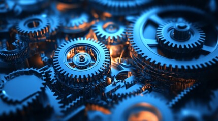 Poster - Interlocking gears rotating in complex mechanism with blue and orange lighting