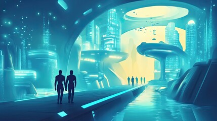 Canvas Print - Futuristic Cityscape with Silhouettes of People Walking on a Platform Over Water