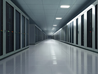 Spacious futuristic server room with rows of servers and bright lighting, creating high tech atmosphere. sleek design emphasizes modern technology and efficiency