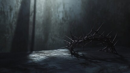 A crucifixion scene with a crown of thorns on the ground