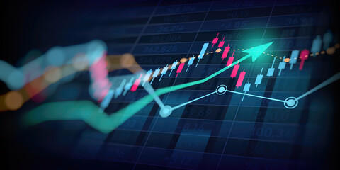 Wall Mural - abstract financial graph with uptrend line arrow and bar chart of stock market on blue color backgro