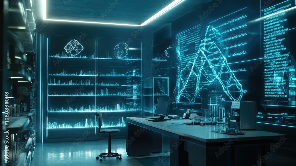 High-tech laboratory with holographic DNA strands and genetic symbols ...