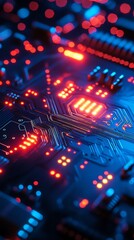 Aufkleber - A close-up of a circuit board with red and blue lights, illuminated with a soft focus.