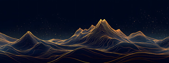 Hand-drawn vector line art of mountains, with gold lines on a dark blue background, in a simple and elegant style Generative AI
