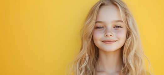 Smiling girl with blonde hair and freckles, bright yellow background, natural beauty, cheerful expression