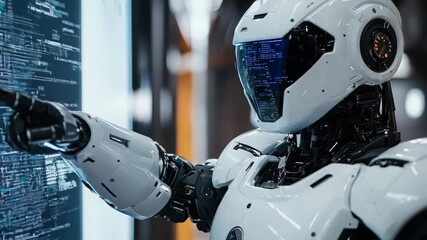 An android robot pointing to the screen with a finger gesture. Computer coding AI chatbot in a futuristic technology stock . Computer programming knowledge concept. Video