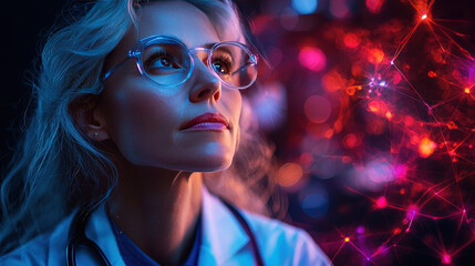 doctor looking hopeful at vibrant abstract background, showcasing blend of colors and light, symboli